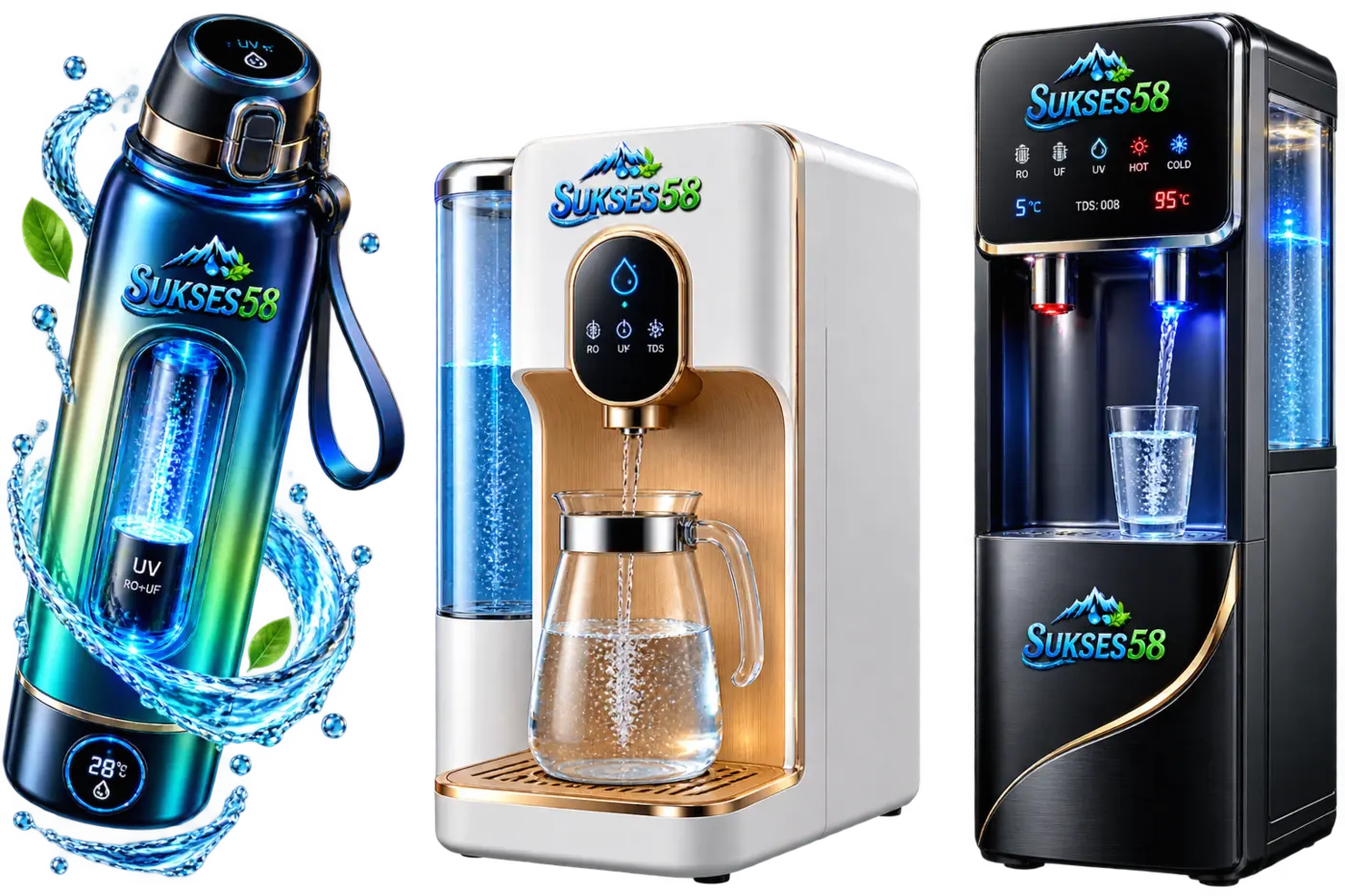 Tiga produk SUKSES58: purifier portable, purifier keluarga, dan dispenser kantor