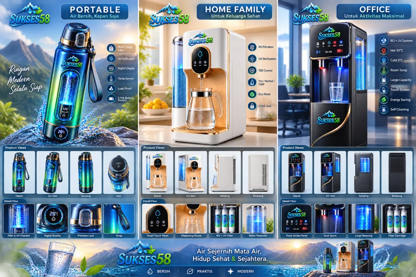 Perbandingan desain dan fitur produk Portable, Home Family, dan Office SUKSES58